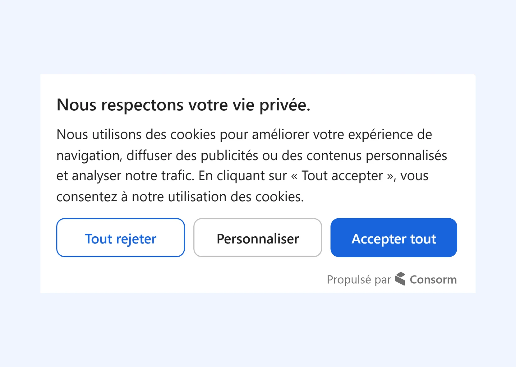Bannière de consentement Consorm avec les options tout rejeter, personnaliser et accepter tout