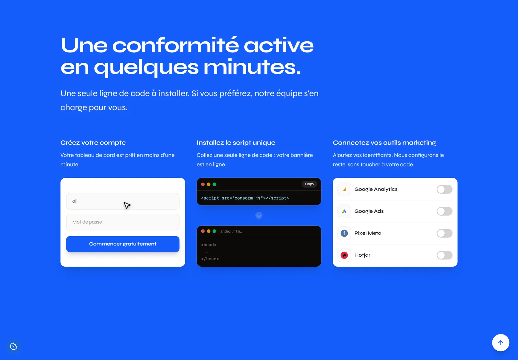 Étapes d'installation de Consorm : compte, script unique et outils marketing