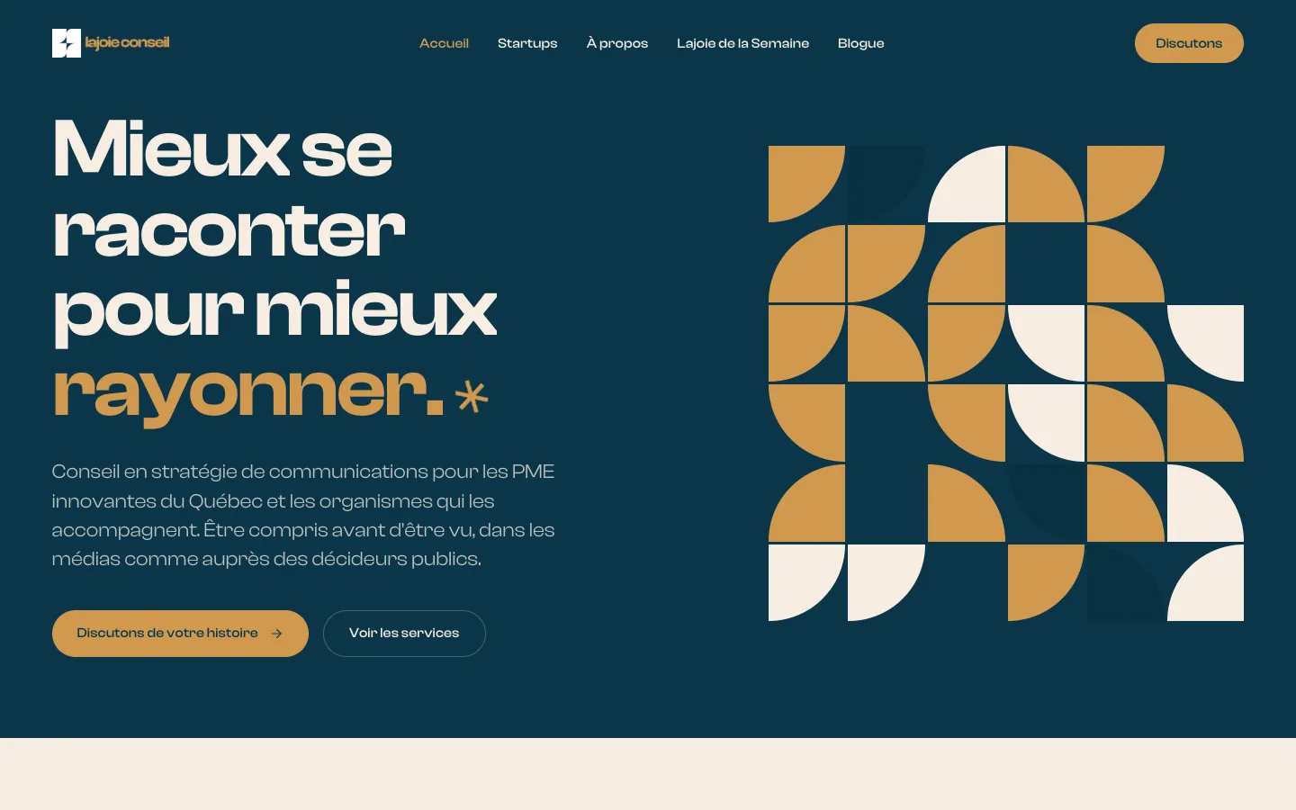 Home page of the Lajoie Conseil website on desktop, with the headline “Mieux se raconter pour mieux rayonner”