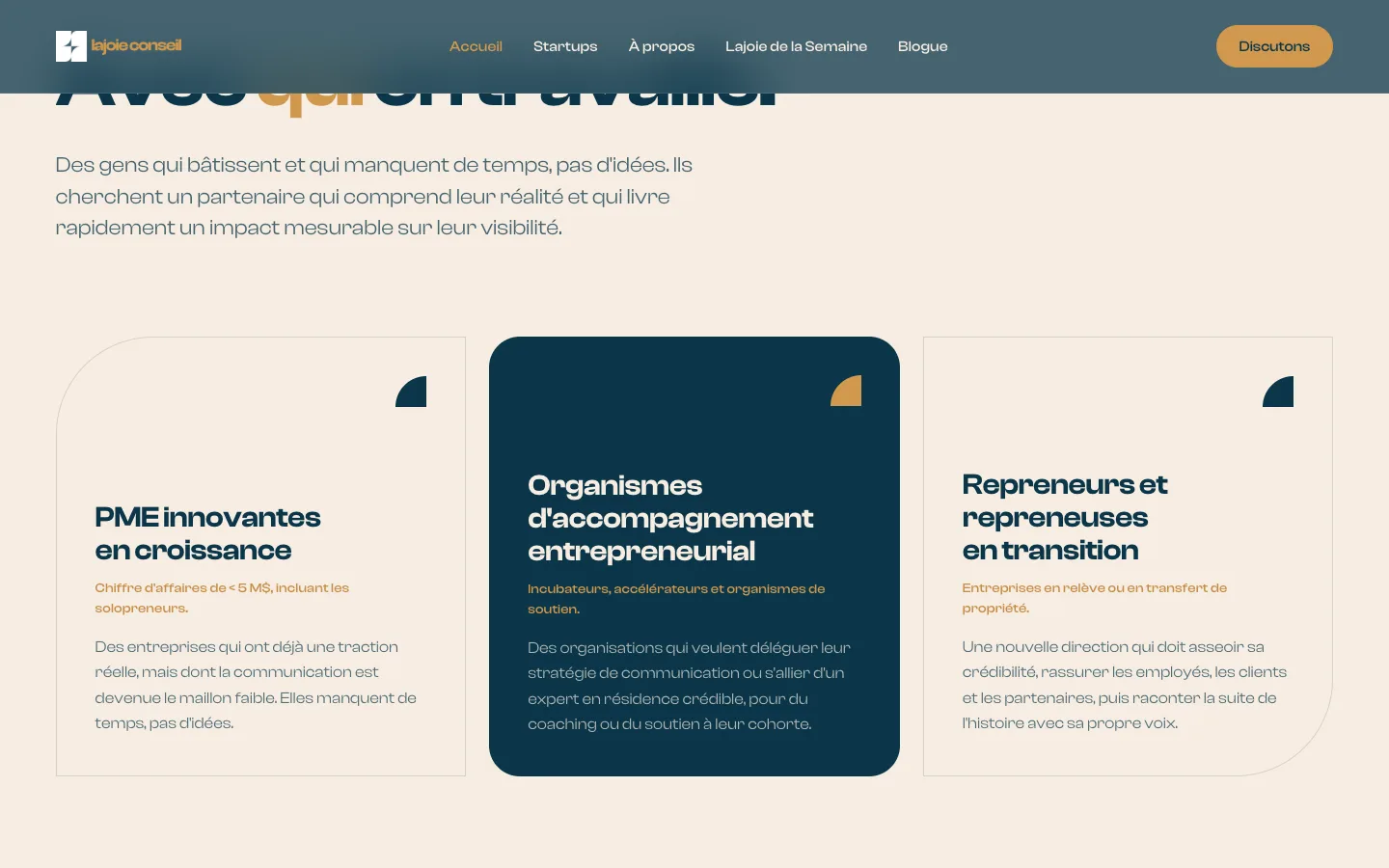 “Who we work with” section of the Lajoie Conseil website, with cards for innovative SMEs, support organizations and business buyers