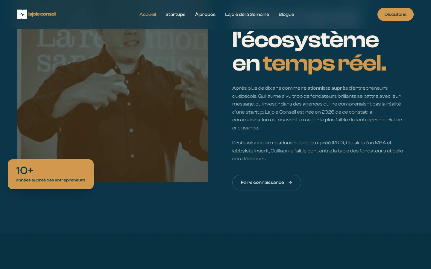 Founder section of the Lajoie Conseil website, with a photo of Guillaume Lajoie speaking at a conference