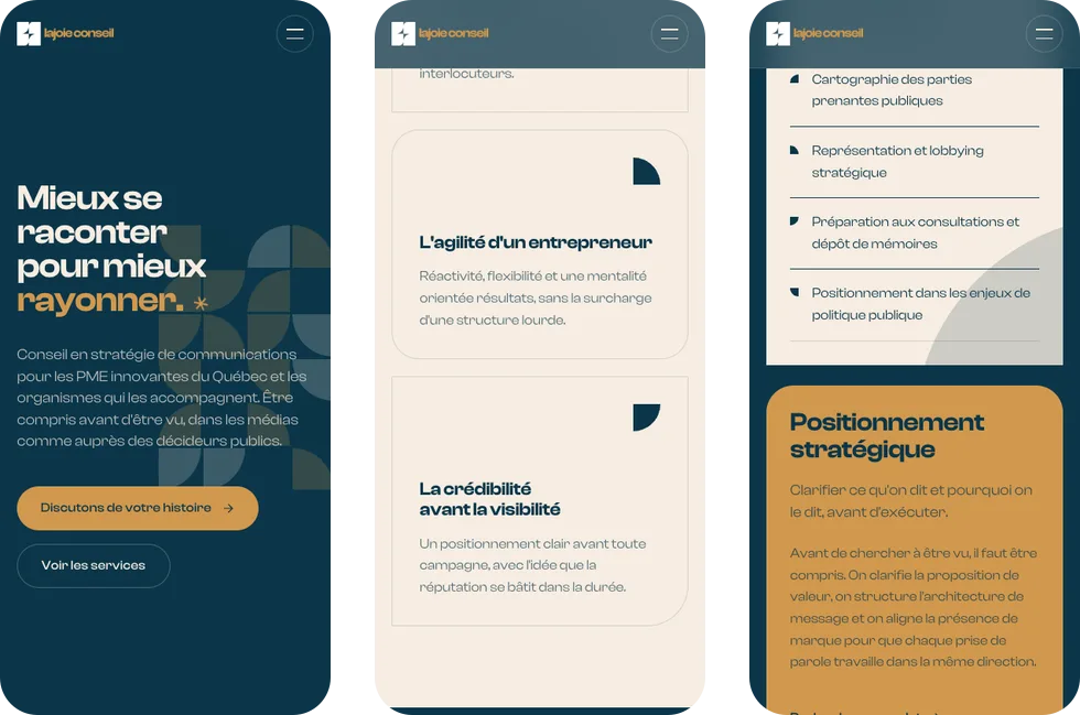 Three mobile screens of the Lajoie Conseil website: home, principles and services