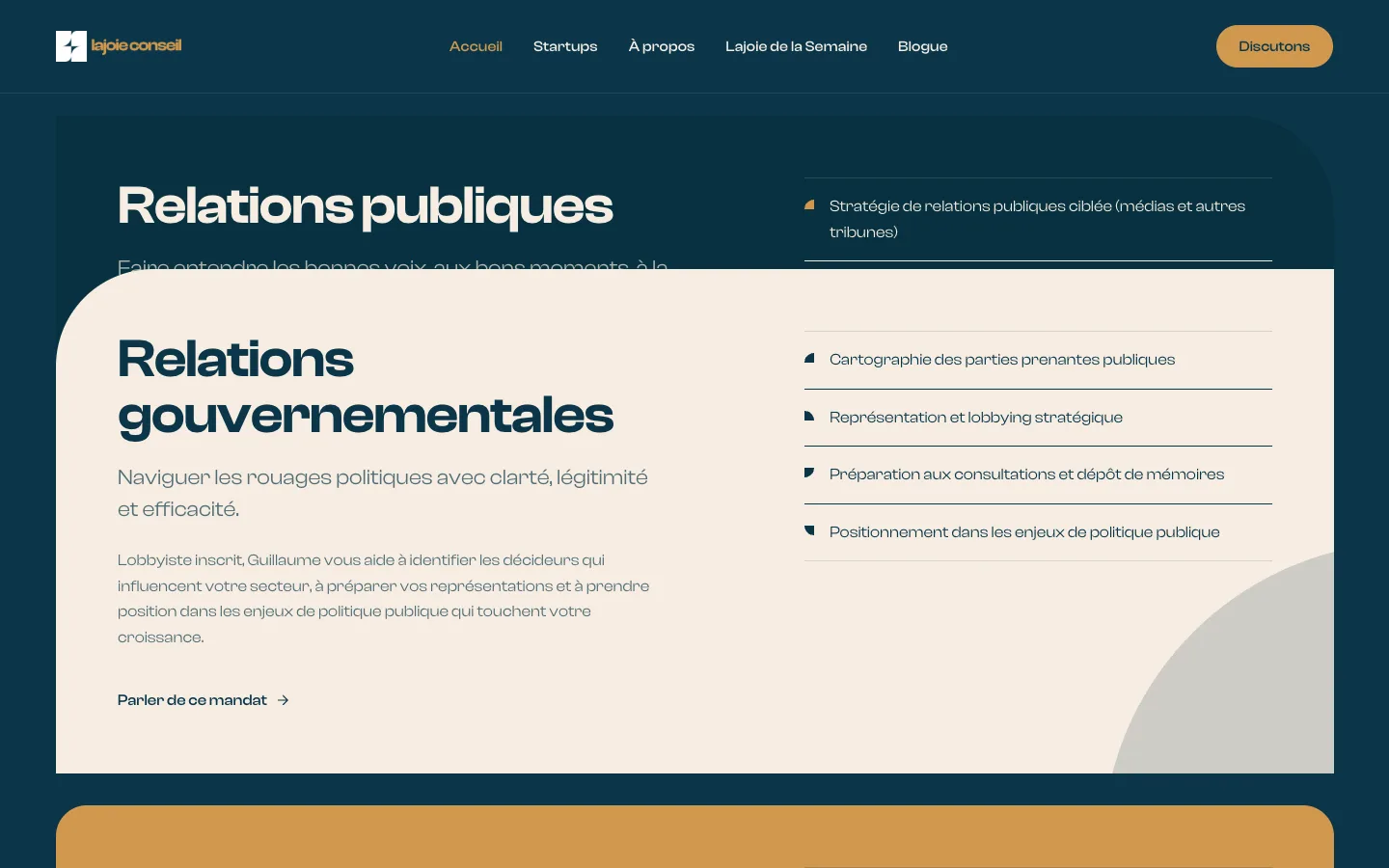 Services section of the Lajoie Conseil website: public relations, government relations and strategic positioning