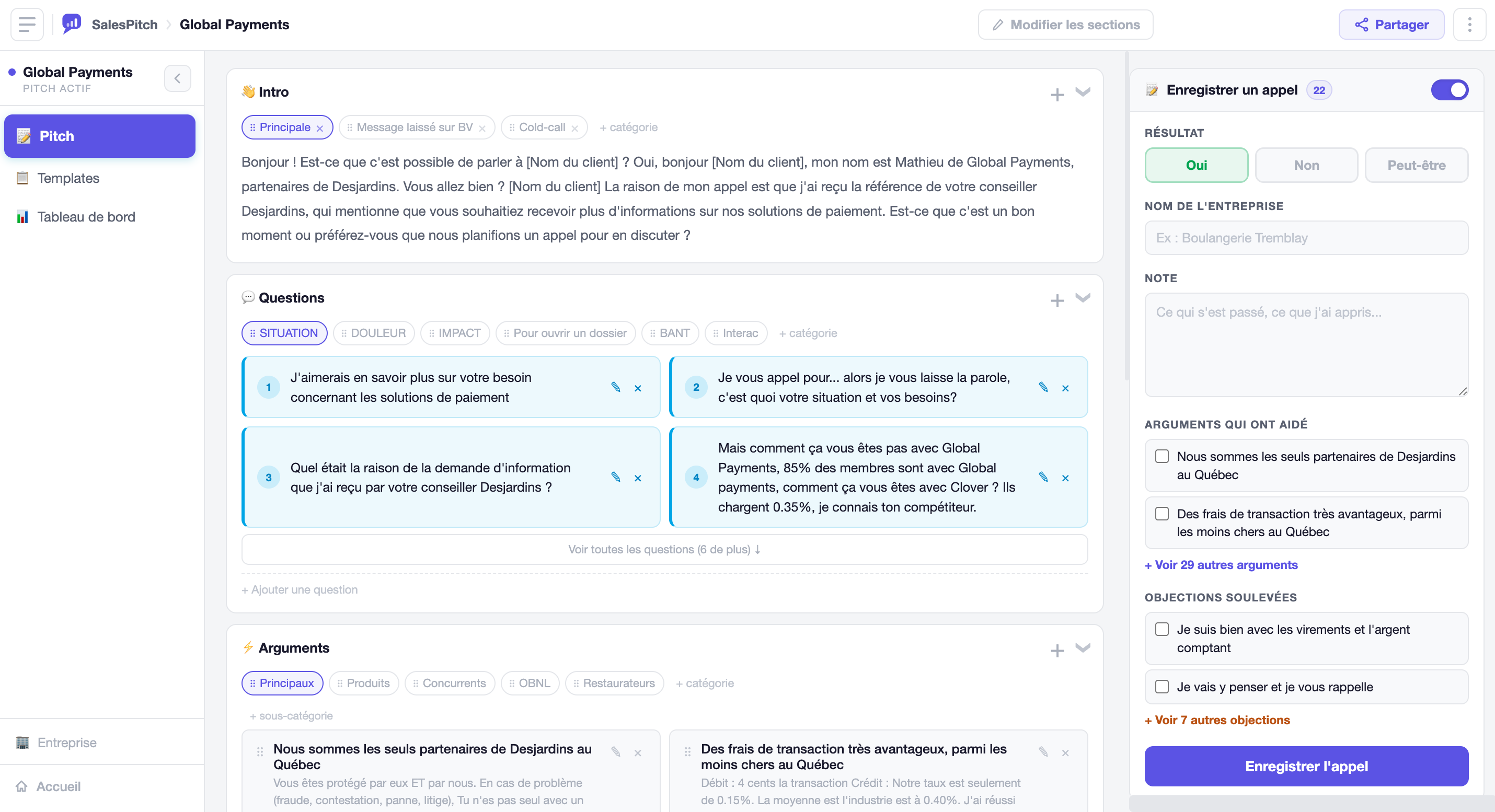 Interface de SalesPitch — outil de structuration de pitchs de vente